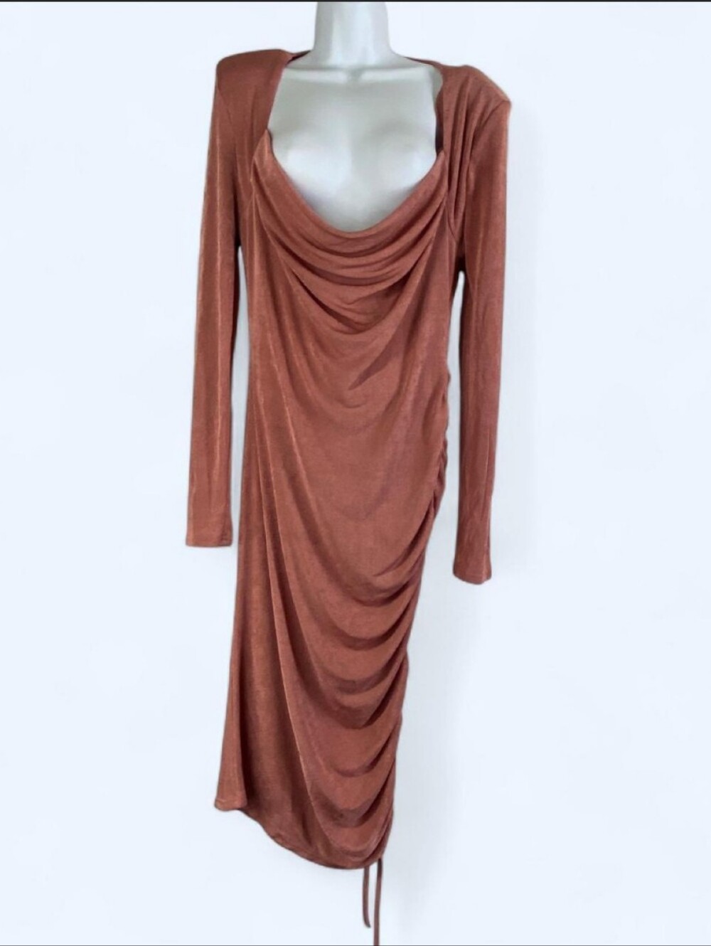 Fashion Nova Rust Cowl Neck Ruched Maxi Dress Size XL